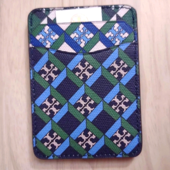 Tory Burch Geo Logo Gold Card Holder Color Block Navy Green Printed Leather - Picture 2 of 3